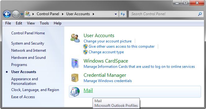 The Mail section in the Control Panel applet.